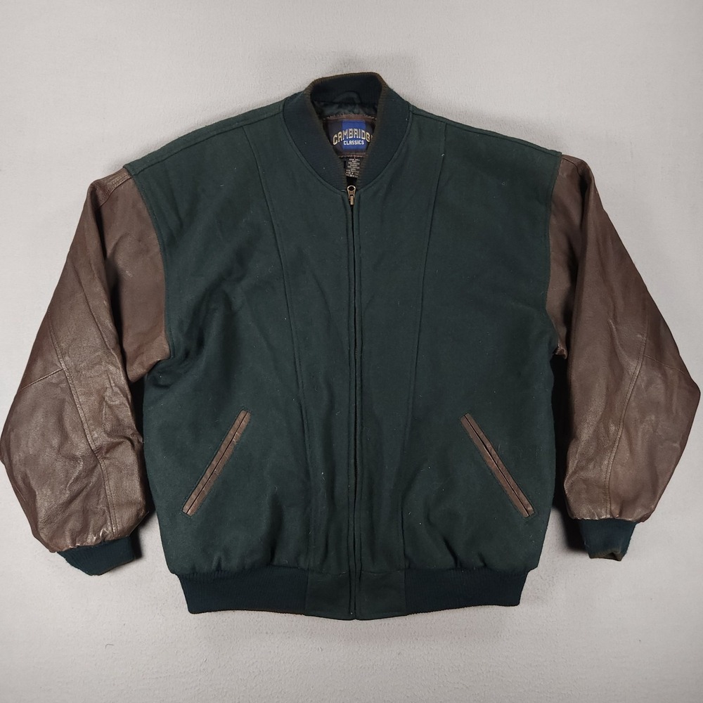 Vintage Cambridge Classics Mens L Leather Varsity Bomber Jacket Green 90s